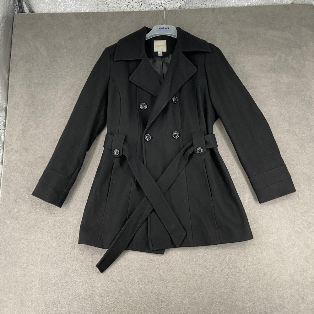 Croft & Barrow Womens Black Wool Blend Belted Double Breasted Pea Coat Size M